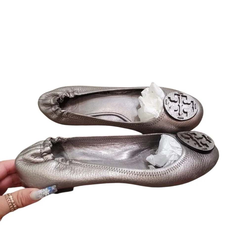 Tory Burch Reva-Metallic Tumbled Leather Ballet Women's Flats Size: 8
